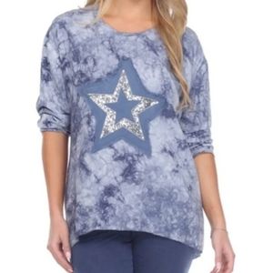 Blue Tie DYE FLORA ASHLEY LIGHTWEIGHT SUMMER BLOUSE Star SEQUINED long sleeve